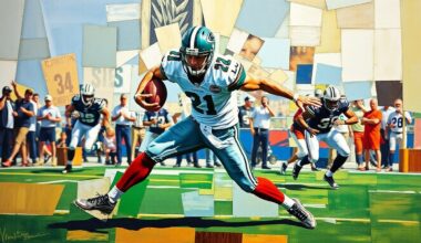 A fragmented, geometric painting depicting the powerful movements of a football player engaged in a pass rush, with sharp planes of color and form conveying the raw energy of the sport.