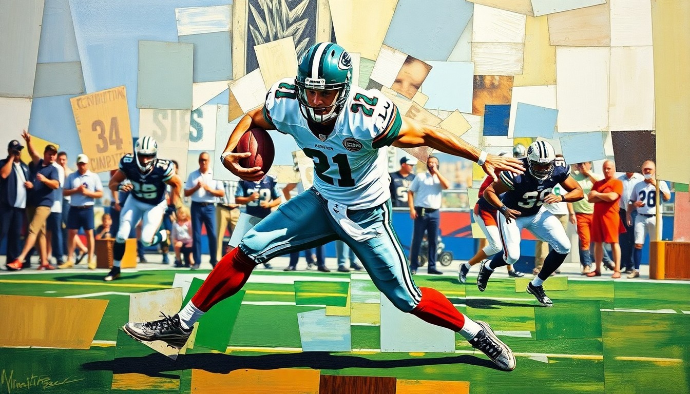 A fragmented, geometric painting depicting the powerful movements of a football player engaged in a pass rush, with sharp planes of color and form conveying the raw energy of the sport.