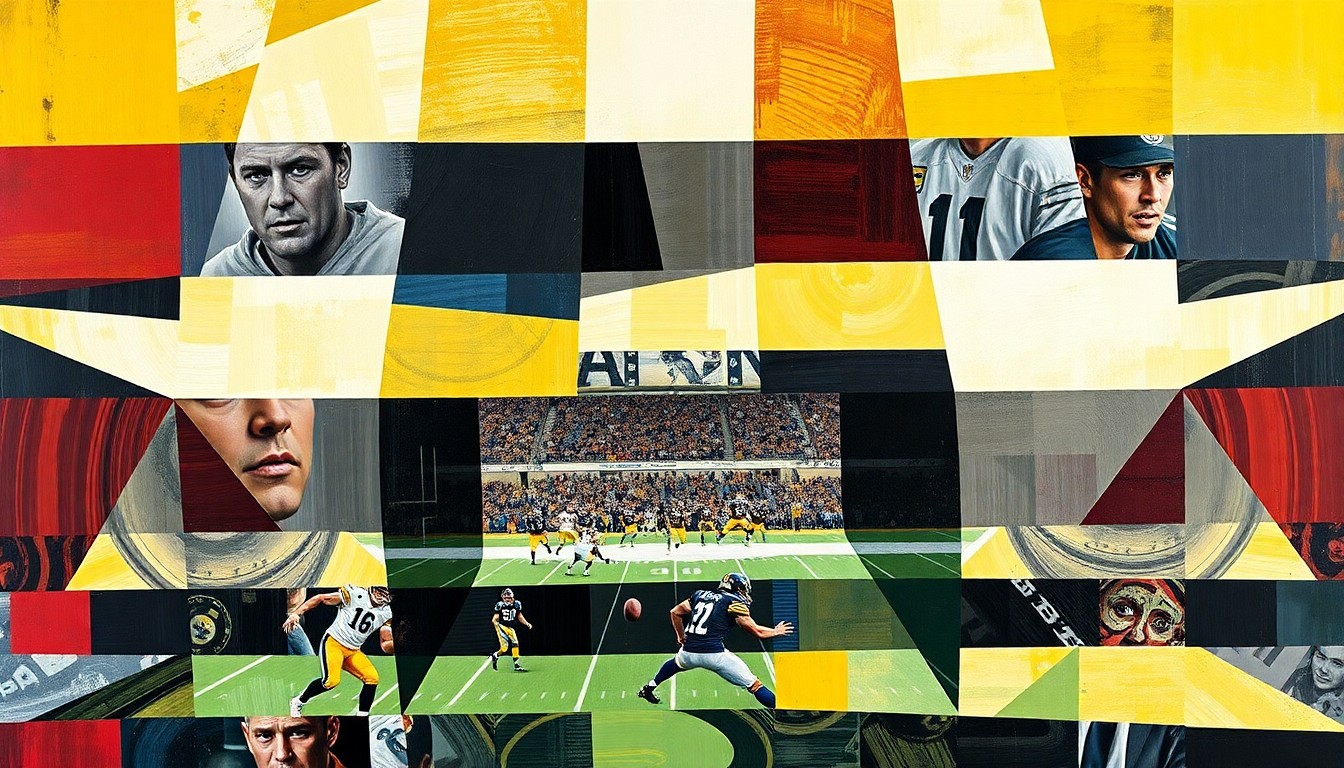 A cubist-style painting featuring overlapping geometric shapes and planes in the Steelers