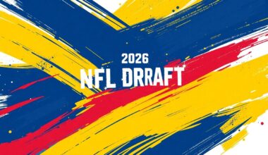 An abstract, expressionistic painting in bold strokes of navy, gold, and crimson, capturing the raw energy and potential of the upcoming 2026 NFL Draft class.