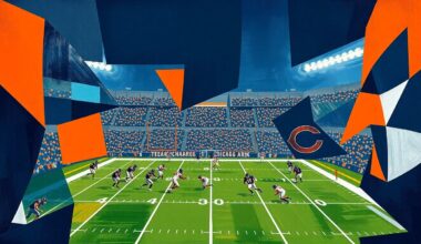 A fractured, geometric painting depicting a Chicago Bears football game, with the players and field broken down into abstract shapes and planes of navy blue, burnt orange, and white.