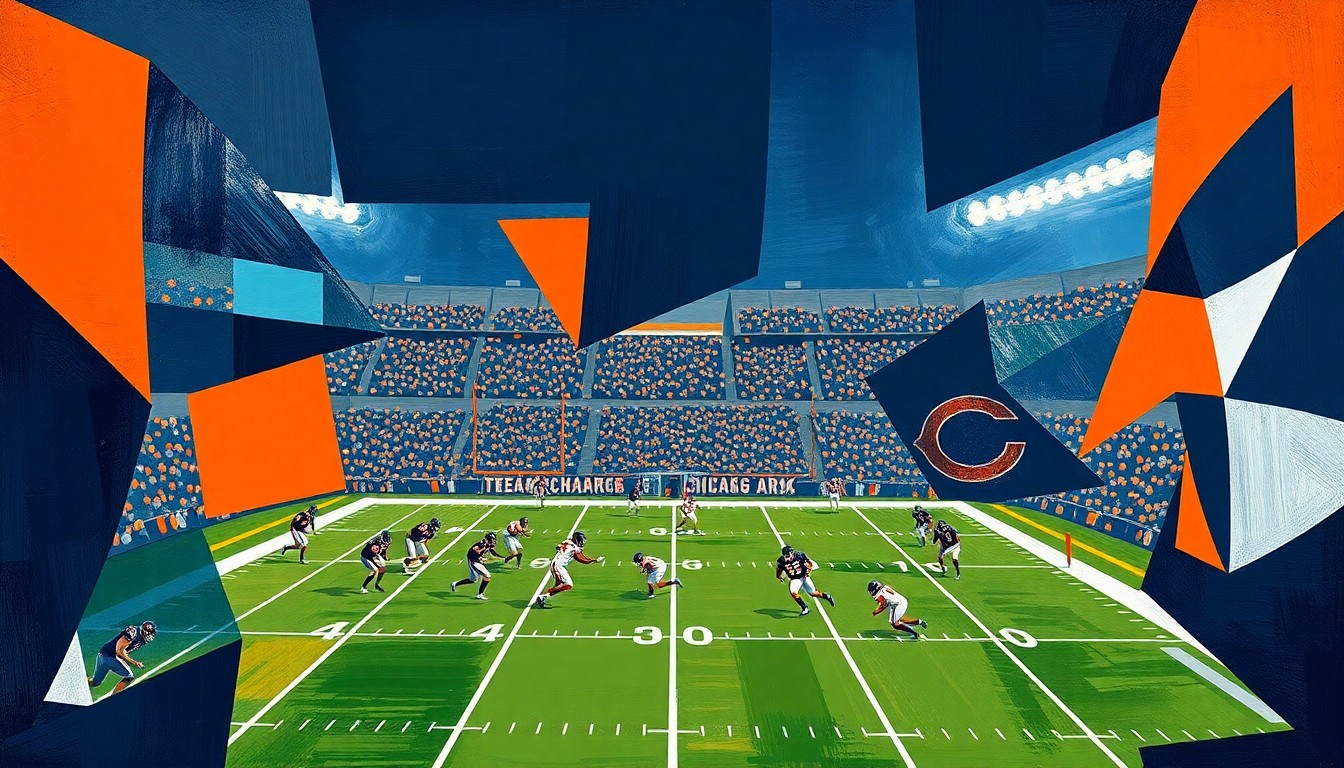A fractured, geometric painting depicting a Chicago Bears football game, with the players and field broken down into abstract shapes and planes of navy blue, burnt orange, and white.
