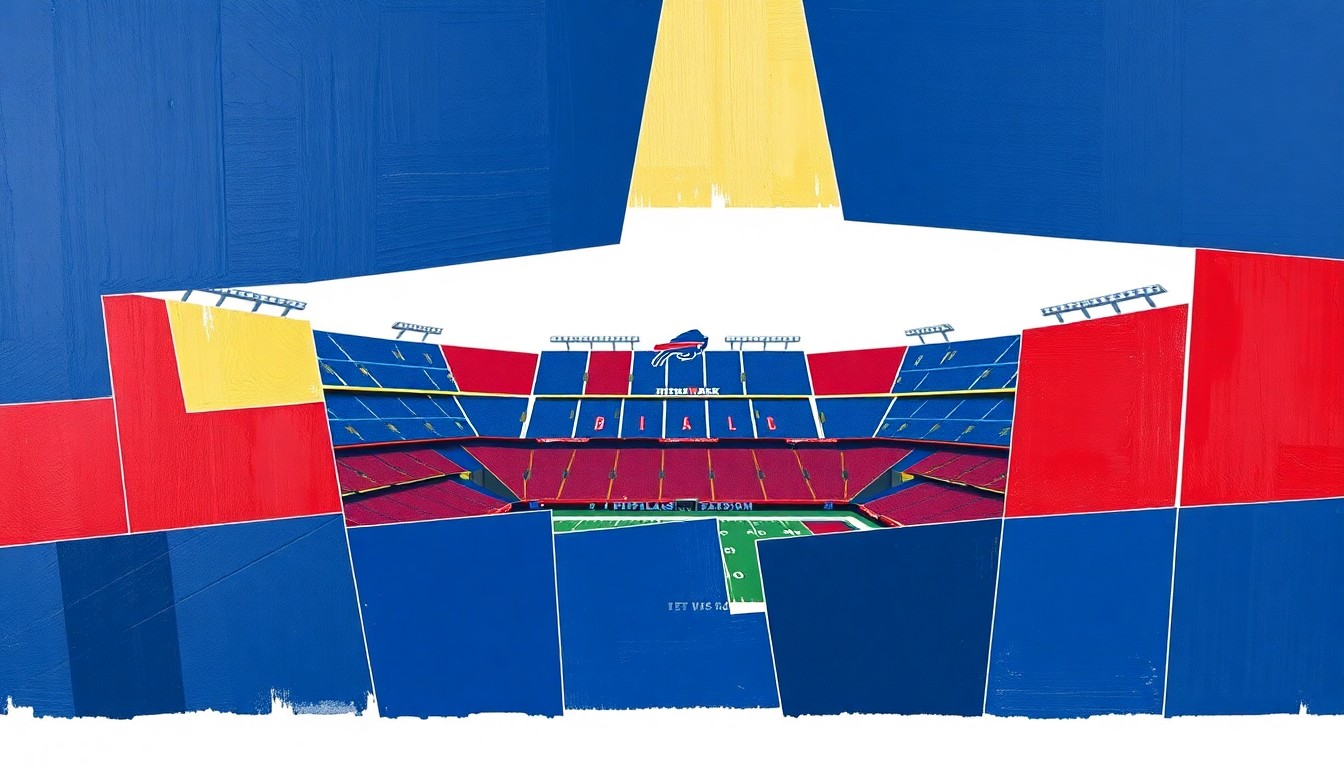A fractured, cubist-style painting depicting the geometric deconstruction of Highmark Stadium, the home of the Buffalo Bills, in shades of navy blue, red, and gold, capturing the iconic venue