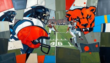 A fragmented, geometric painting depicting a football game or match, with sharp, overlapping planes of color and form representing the dynamic action on the field.