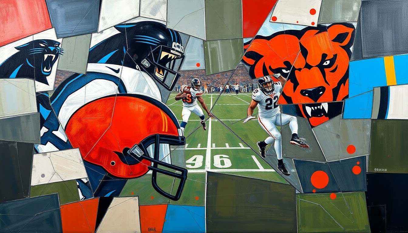 A fragmented, geometric painting depicting a football game or match, with sharp, overlapping planes of color and form representing the dynamic action on the field.