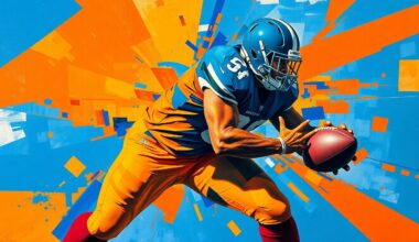 A fractured, multi-perspective painting depicting the explosive movements and tackles of a defensive lineman, with the player