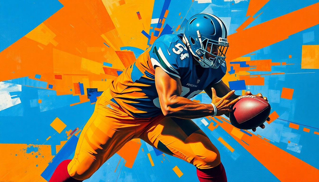 A fractured, multi-perspective painting depicting the explosive movements and tackles of a defensive lineman, with the player