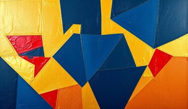 A fragmented, cubist-style painting depicting the overlapping geometric shapes and planes of a defensive line, with dominant navy blue, gold, and crimson red colors conveying the power and intensity of the formation.