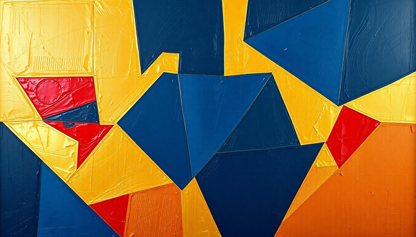 A fragmented, cubist-style painting depicting the overlapping geometric shapes and planes of a defensive line, with dominant navy blue, gold, and crimson red colors conveying the power and intensity of the formation.