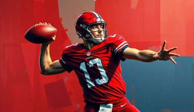 A cubist, geometric painting depicting a football quarterback in mid-throw, with the figure broken down into sharp, overlapping planes of deep red, navy blue, and metallic gold, conveying a sense of motion and instability.