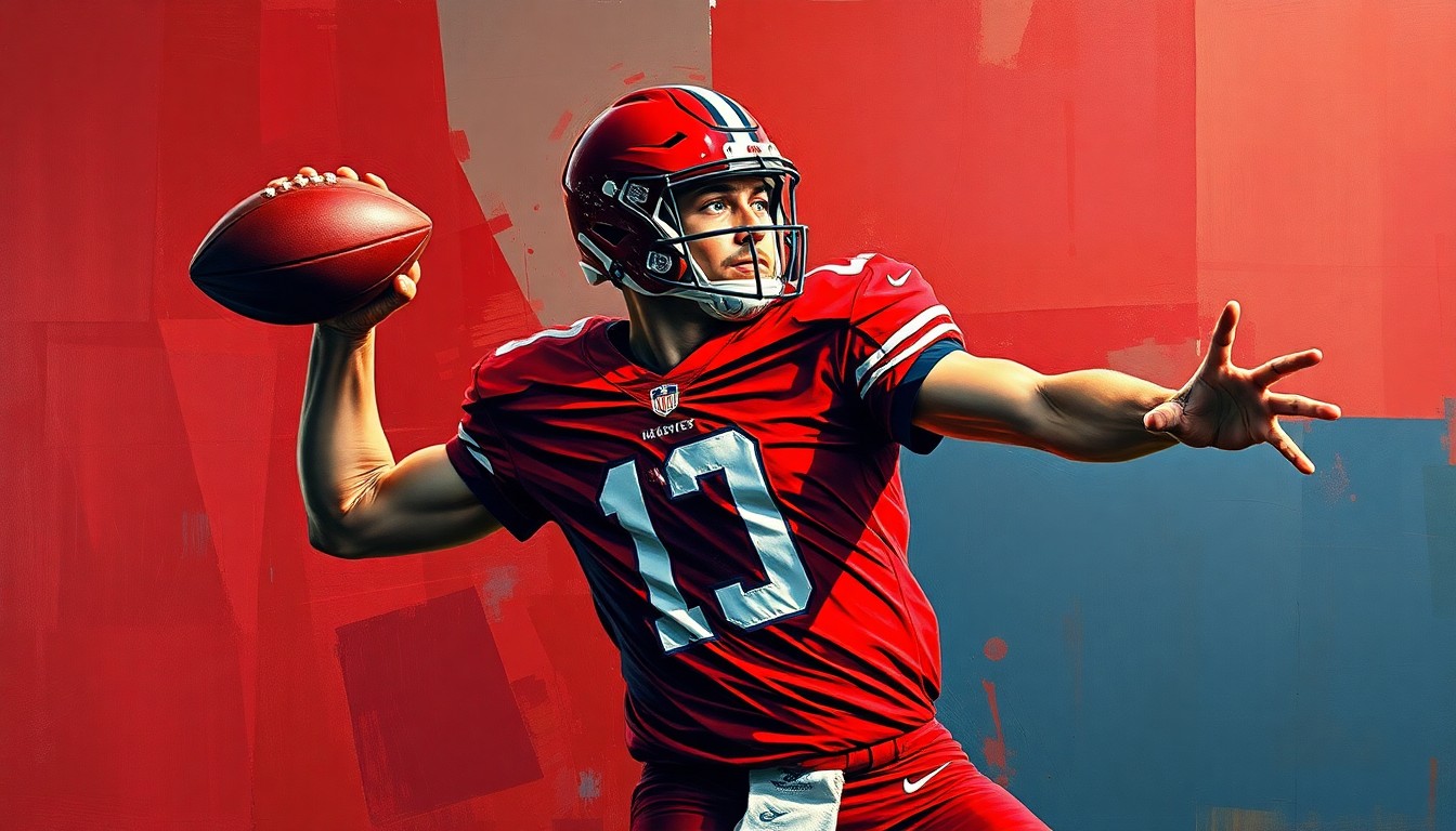 A cubist, geometric painting depicting a football quarterback in mid-throw, with the figure broken down into sharp, overlapping planes of deep red, navy blue, and metallic gold, conveying a sense of motion and instability.