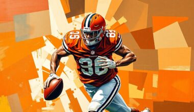 A cubist, geometric painting depicting a football player in mid-motion, with sharp, overlapping planes of orange and brown representing the Cleveland Browns