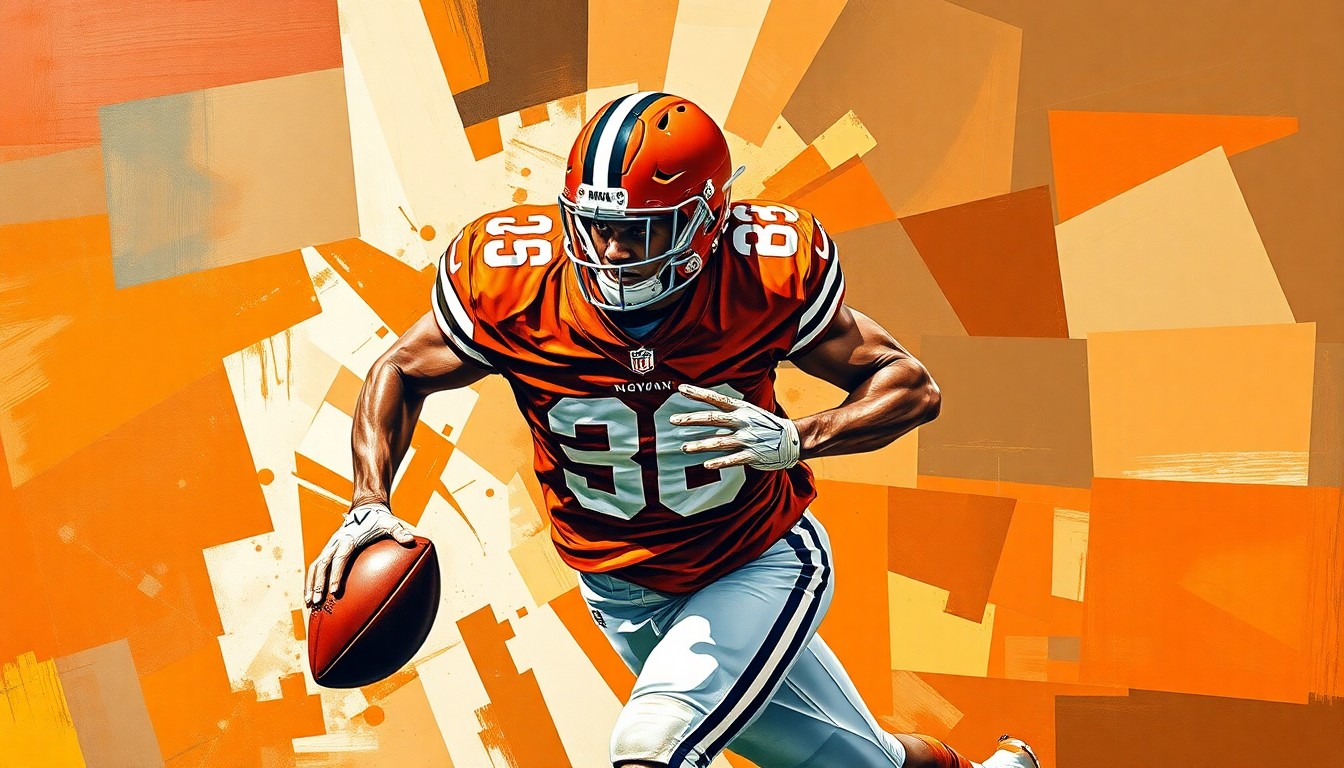 A cubist, geometric painting depicting a football player in mid-motion, with sharp, overlapping planes of orange and brown representing the Cleveland Browns
