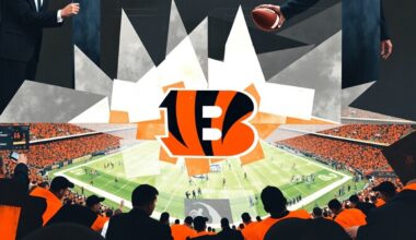 A cubist, geometric painting featuring fragmented, overlapping shapes in the Bengals