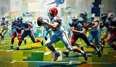 A cubist-style painting depicting a football player in the midst of a pass rush, their body and movements fractured into sharp, overlapping geometric shapes in a vibrant color palette.