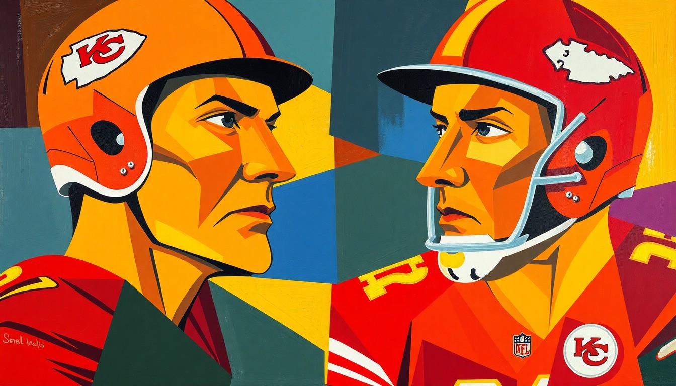 A heavily fragmented, cubist-style painting in vibrant reds, golds, and blacks, with sharp, overlapping geometric shapes and planes representing the difficult choices facing the Kansas City Chiefs