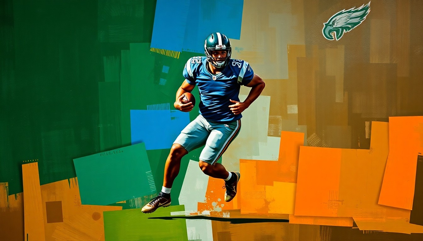 A fragmented, cubist-style painting depicting a football player in motion, with sharp geometric shapes and bold colors representing the dynamic nature of the sport.