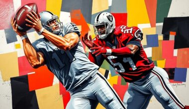 A fragmented, geometric painting depicting a tight end in mid-catch, with sharp planes of color representing the player