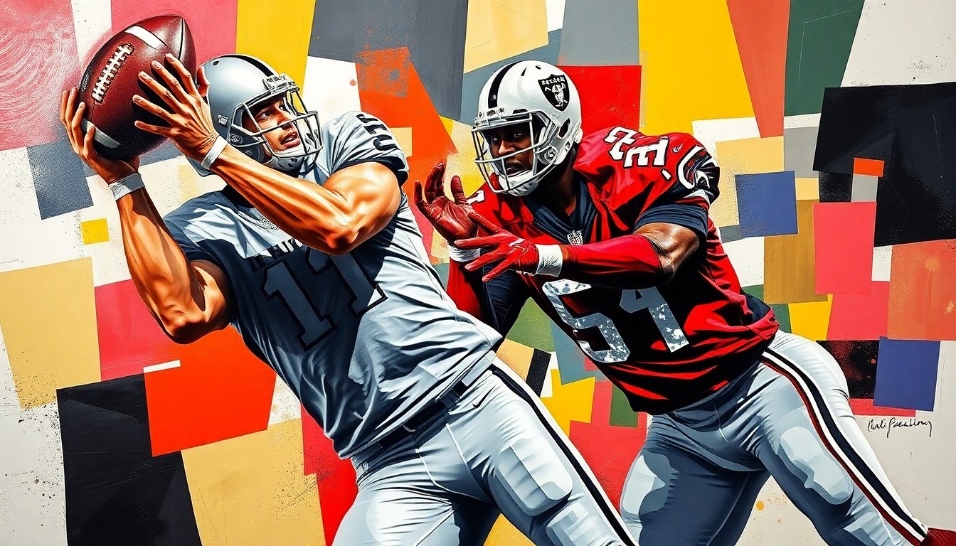 A fragmented, geometric painting depicting a tight end in mid-catch, with sharp planes of color representing the player