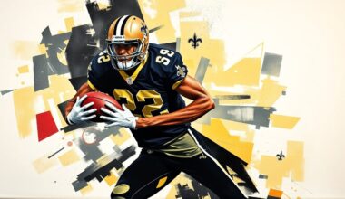A cubist, geometric painting depicting a football player in motion, with sharp, overlapping planes of black, gold, and white representing the New Orleans Saints