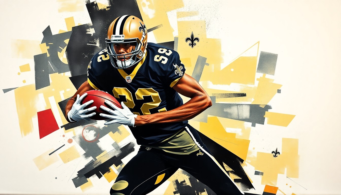 A cubist, geometric painting depicting a football player in motion, with sharp, overlapping planes of black, gold, and white representing the New Orleans Saints