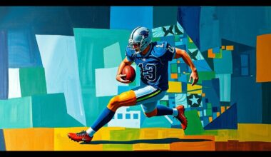 A cubist-style painting depicting a football player in motion, their form broken down into sharp, overlapping geometric shapes in a vibrant color palette, capturing the energy and dynamism of the sport.