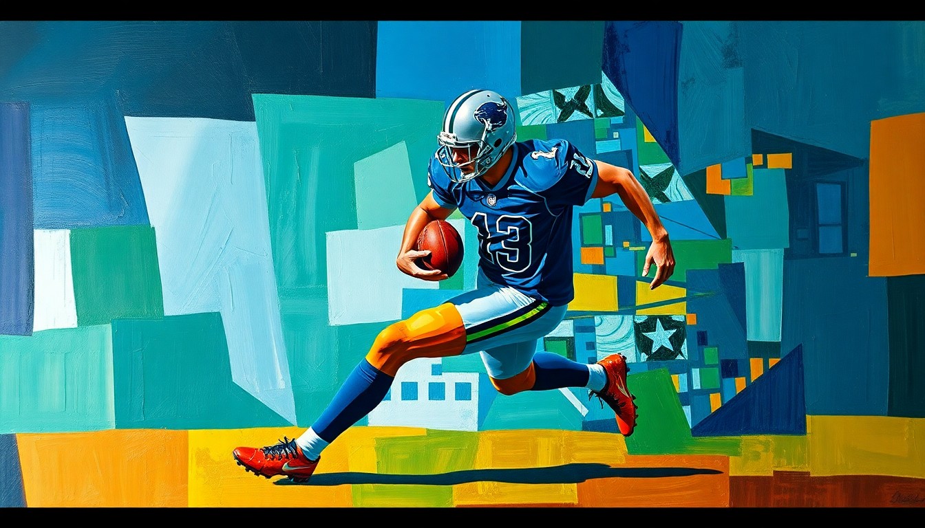 A cubist-style painting depicting a football player in motion, their form broken down into sharp, overlapping geometric shapes in a vibrant color palette, capturing the energy and dynamism of the sport.