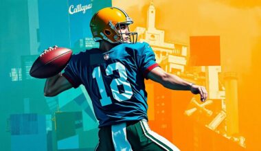 A cubist, geometric painting depicting a quarterback in motion, with sharp, overlapping planes of color representing the fractured, multi-perspective nature of the sport.