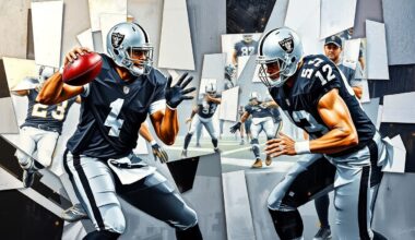 A cubist, geometric painting depicting a football quarterback in motion, with sharp, overlapping planes of silver, black, and gold representing the dynamic energy of the game.