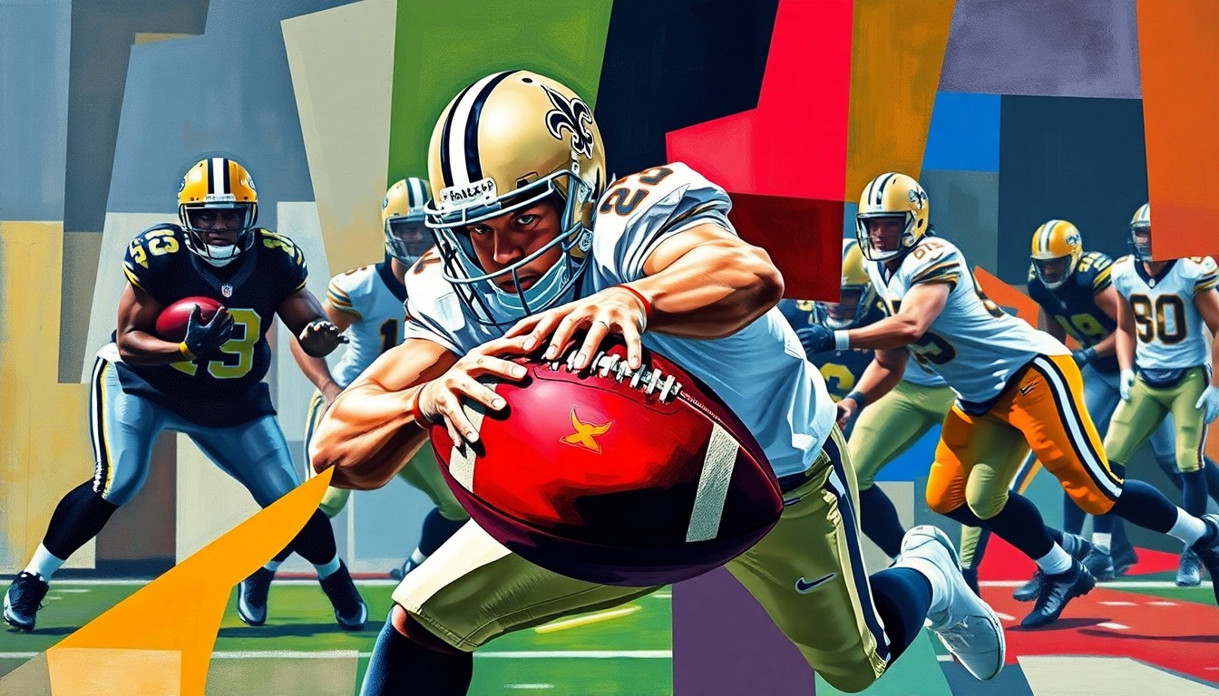 A fragmented, geometric painting depicting a cornerback making a play on the football, with the vibrant colors of the Saints