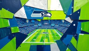 A fractured, multi-perspective painting in the style of Pablo Picasso, breaking down a Seattle Seahawks football game into sharp, overlapping geometric planes of navy blue, lime green, and silver.