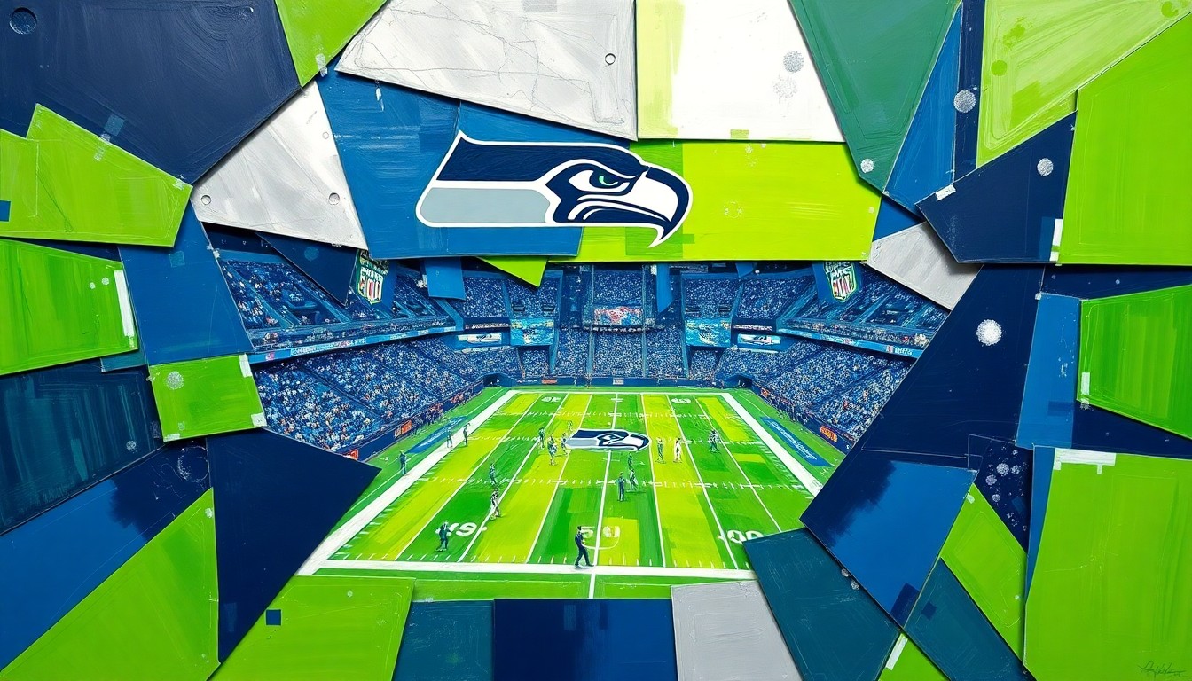 A fractured, multi-perspective painting in the style of Pablo Picasso, breaking down a Seattle Seahawks football game into sharp, overlapping geometric planes of navy blue, lime green, and silver.
