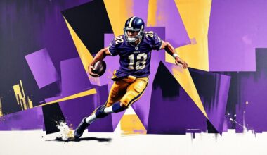 A cubist-style painting depicting a football player in mid-motion, broken down into sharp, overlapping geometric shapes in the Ravens