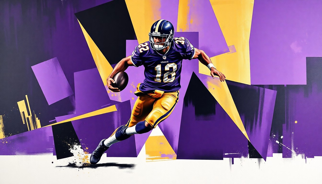 A cubist-style painting depicting a football player in mid-motion, broken down into sharp, overlapping geometric shapes in the Ravens