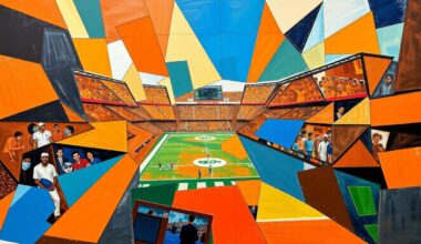 A cubist, geometric painting depicting fragmented football players and draft prospects, conveying the energy and strategy of the NFL draft process.