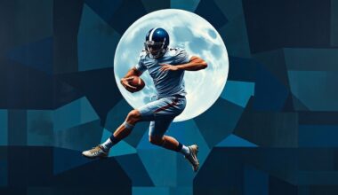 A cubist, geometric painting depicting a football player in mid-motion against a backdrop of the moon, with sharp, overlapping planes in shades of blue, gray, and metallic accents, capturing the conceptual connection between Kelce