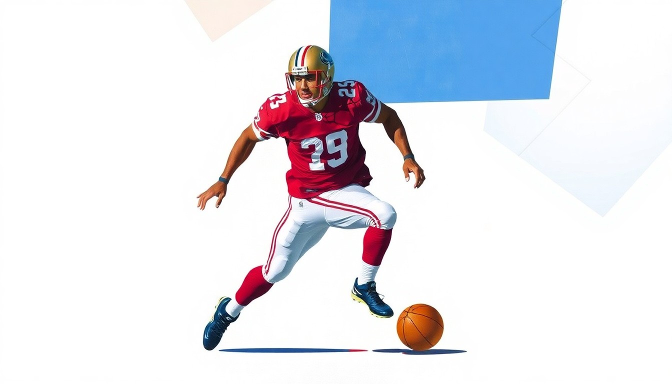 A fragmented, geometric painting depicting a football player in motion, with sharp planes of color representing the player