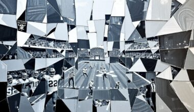 A cubist-inspired painting featuring overlapping geometric shapes and planes in shades of silver and black, conceptually representing the dynamic and multifaceted nature of a football game or match.