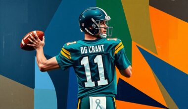 A cubist, geometric painting depicting a quarterback in motion, with the player