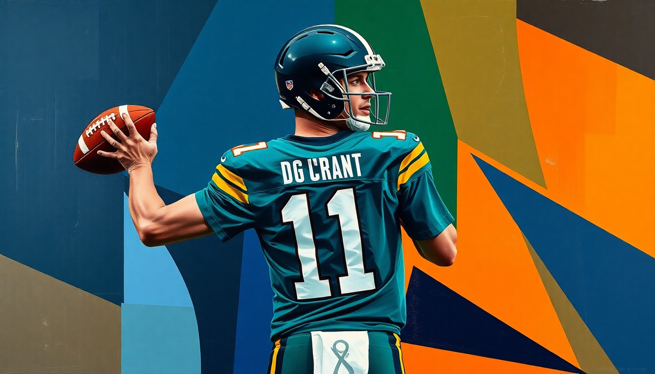 A cubist, geometric painting depicting a quarterback in motion, with the player