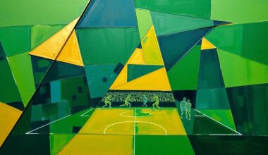 A fractured, geometric painting depicting a football game or match, with sharp planes of green, gold, and navy blue overlapping to create a dynamic, abstract composition.