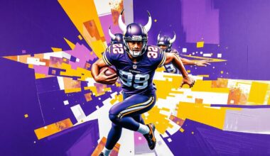 A fragmented, cubist-style painting depicting the dynamic movements of a Minnesota Vikings running back, with sharp planes of purple, gold, and white colors creating an abstract, energetic composition.