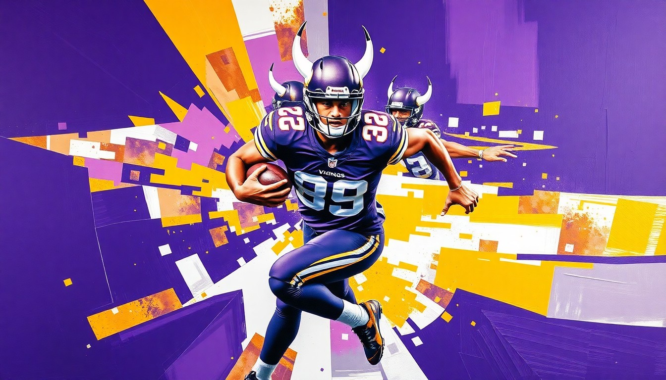 A fragmented, cubist-style painting depicting the dynamic movements of a Minnesota Vikings running back, with sharp planes of purple, gold, and white colors creating an abstract, energetic composition.