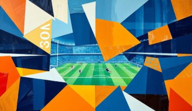 A fragmented, cubist-style painting depicting a football game or match, with sharp, overlapping geometric shapes in navy blue, orange, and white, conveying the dynamic energy and competitive nature of the sport.