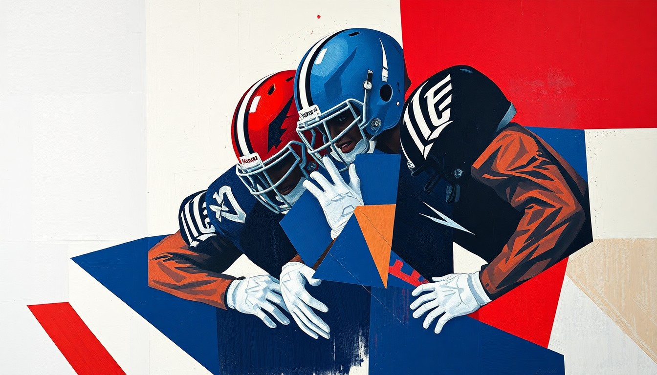 A fragmented, geometric painting depicting an NFL offensive line in motion, with sharp planes of navy, red, and white intersecting to create a dynamic, abstract visual.