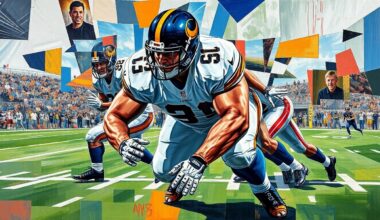 A cubist, geometric painting depicting a defensive lineman in action, with sharp, overlapping planes of color and form capturing the dynamic movement of the player.
