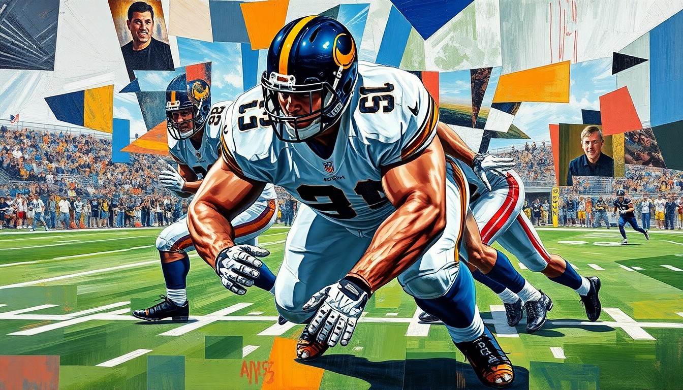 A cubist, geometric painting depicting a defensive lineman in action, with sharp, overlapping planes of color and form capturing the dynamic movement of the player.
