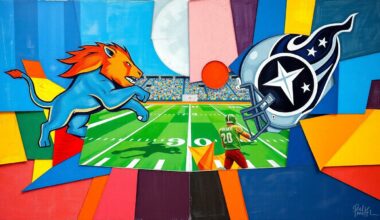 A cubist, geometric painting featuring overlapping planes of blue, silver, red, and navy blue, conceptually representing the strategic maneuvering and competition of an NFL football game.