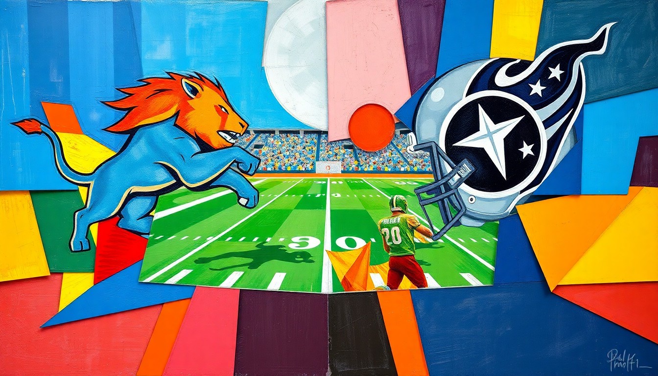 A cubist, geometric painting featuring overlapping planes of blue, silver, red, and navy blue, conceptually representing the strategic maneuvering and competition of an NFL football game.
