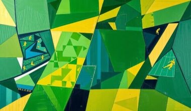 A cubist, geometric painting depicting a fragmented football game or match, with sharp planes of green, gold, and navy blue representing the sport